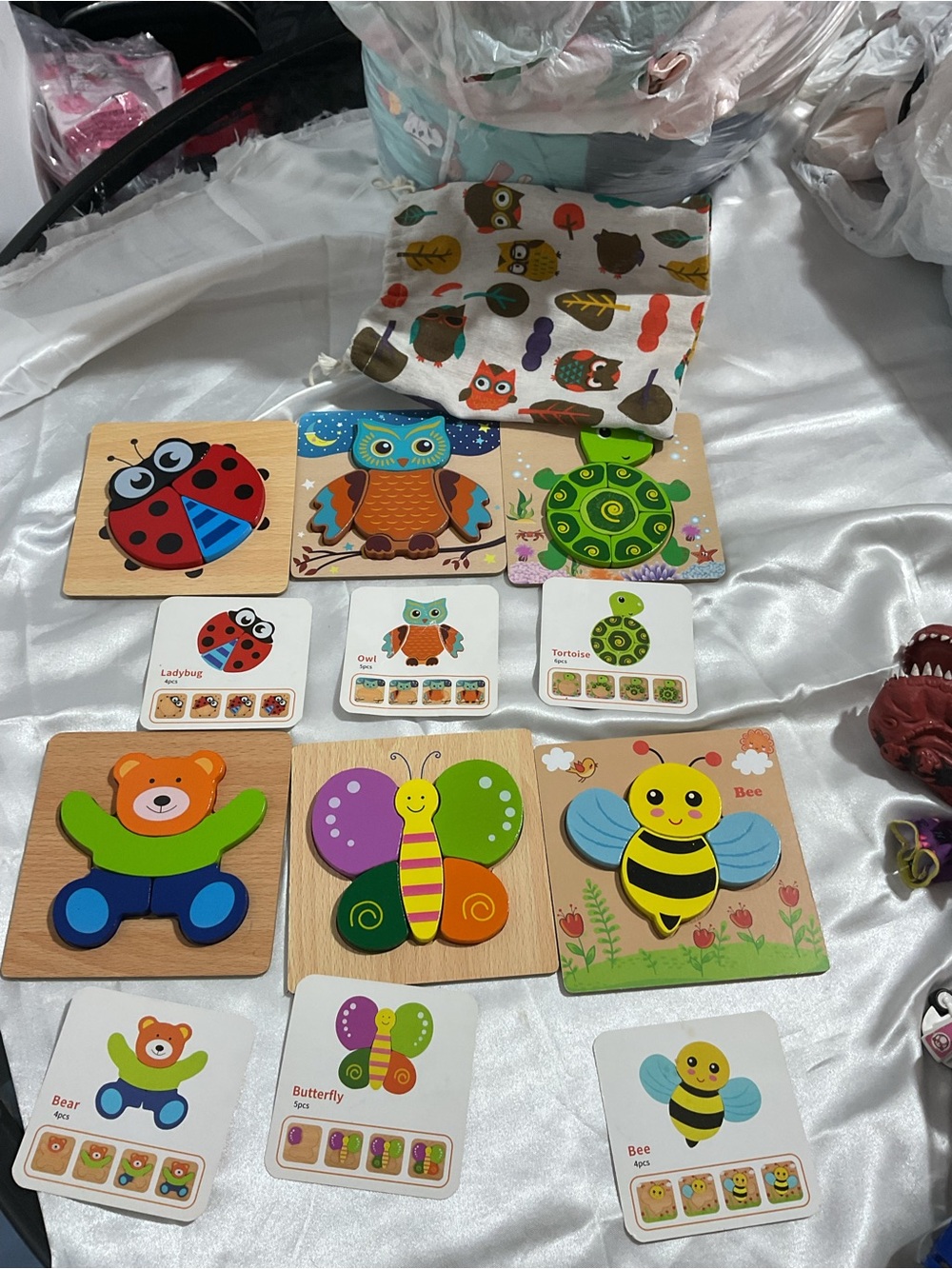 Kids Wooden Animal Puzzle Set - Colorful Bee, Butterfly, Bear, Owl & More